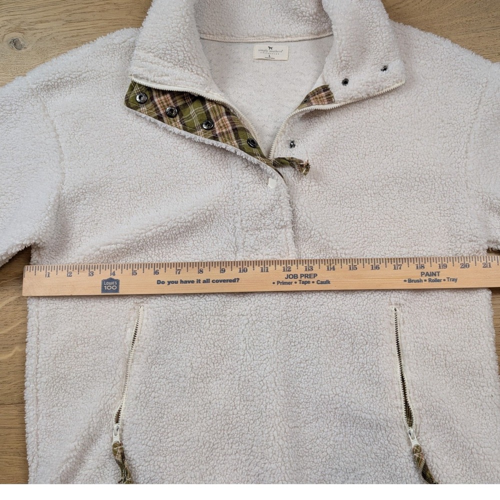 Simply Southern Sherpa Fleece Pullover Cream Plaid Trim Mock Neck Snap Large - Picture 7 of 9